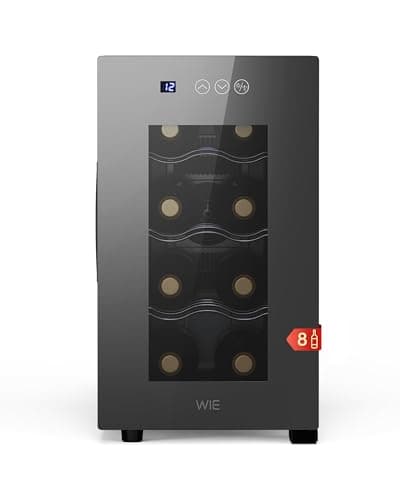 WIE Cave à Vin 8 Bouteilles, 23L Réfrigérateur à Vin, Mini Cave à Vin de Comptoir à Une Zone, Ultra-silencieuse, Façade Miroir, Tactile Écran, LED Intérieur, Bar Intérieur/Extérieur