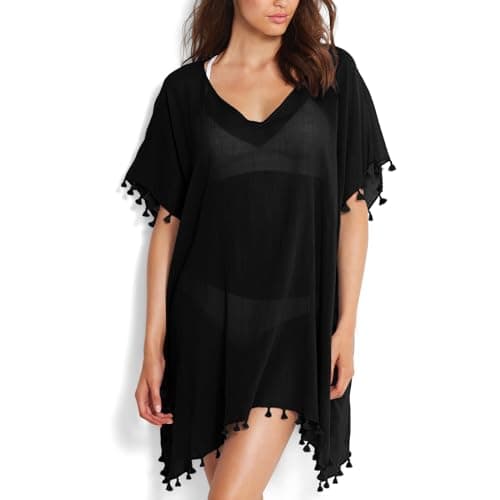 Cache Maillot de Bain Femme Robe de Plage Mousseline Sarongs en Été Plage Couvrir Sexy V-Cou Bikini Cover Up Bohème Beachwear (Noir)