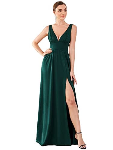 Ever-Pretty Robe Femme Mariage Invité Longue Fendue Col V Mousseline de Soie sans Manche A Line Chic Vert Foncé 40