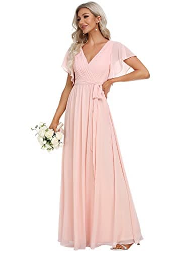 Ever-Pretty Robe Femme pour Mariage Longue Col V Mousseline A Line Manches Courtes Plissé Chic Rose Clair 40