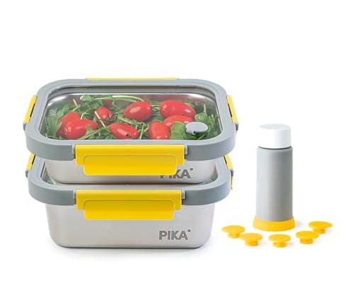 PIKA | Lot de 2 boites alimentaires sous vide en inox + pompe de mise sous vide | 820ml + 1200ml | Micro-ondes, four, congélateur | Légère & hermétique