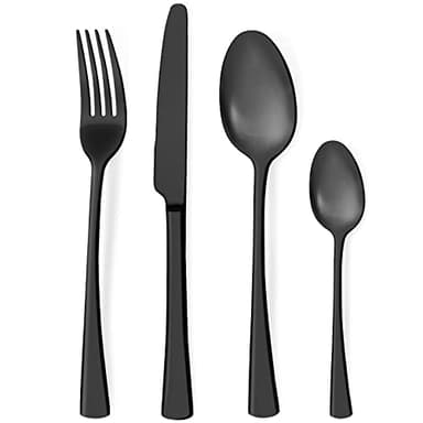 Bestdin set couverts de table noir 6 personnes, ensemble de couverts inox 24 pièces, Comprend des couteaux/fourchettes/cuillères, fini mat et lavable au lave-vaisselle, facile à nettoyer