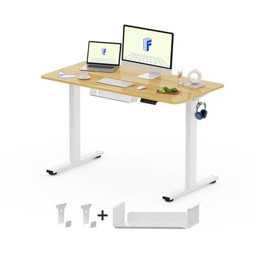FLEXISPOT Bureau Assis Debout 120x60cm, Bureau Réglable en Hauteur Électrique, Bureau Informatique avec Crochet, Max Charge 70kg (Cadre Blanc+Plateau Érable)