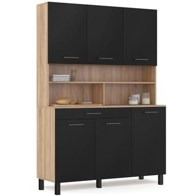 IDMarket - Buffet de cuisine 120 CM CINA 6 portes + tiroir façon hêtre et noir