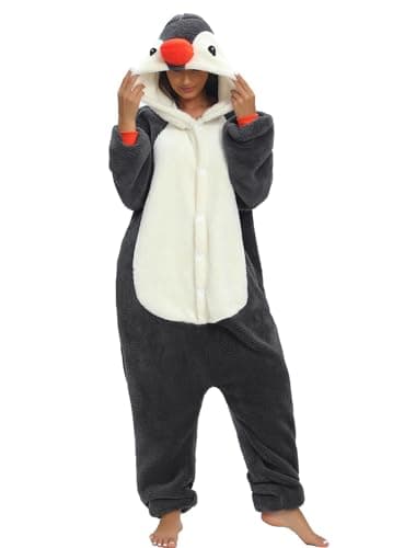 chuangminghangqi Pyjama Barboteuse Combinaison Animal Adulte Unisexe Costume Onesie Sleepwear Jumpsuit Vêtement Nuit Capuche Grenouillère Loungewear Chaud Douce Party Fête Soirée (Pingouin,S)