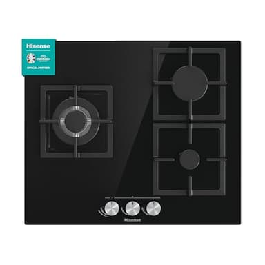 Hisense GG633B Plaque de gaz naturel 3 zones 60 cm Grille en fonte et verre trempé noir Allumage automatique intégré dans les commandes Sécurité GasStop Nettoyage facile