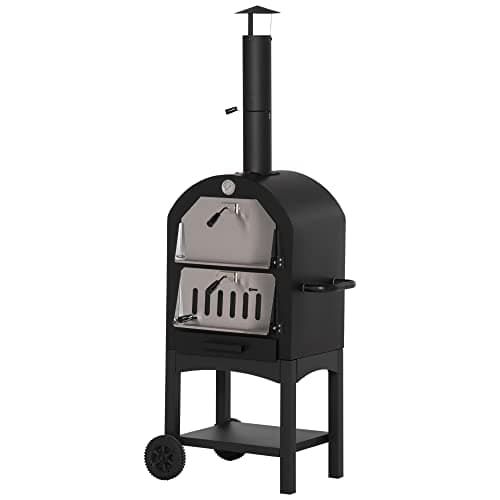 Outsunny Four à Pizza extérieur au Charbon de Bois - Barbecue sur roulettes - Four à Bois - Pierre réfractaire - cheminée, jauge température - Acier au Carbone Noir Gris