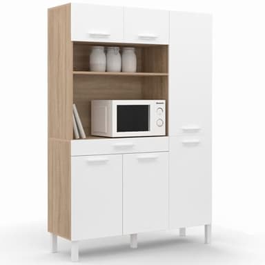 IDMarket - Buffet de cuisine avec colonne de rangement 120 CM CINA 6 portes + tiroir façon hêtre et blanc