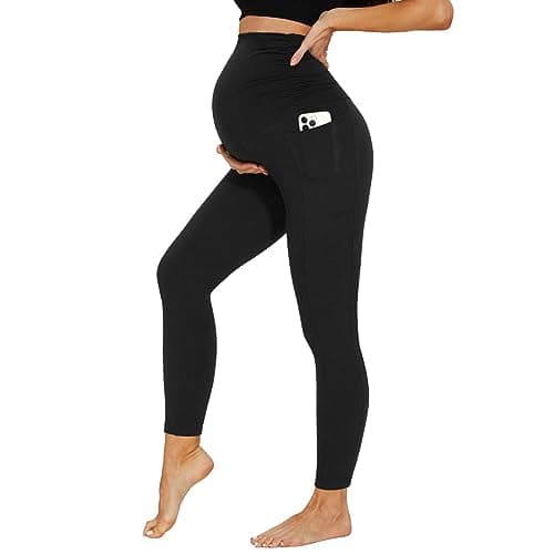 DDOBB Legging de grossesse pour femme avec poches, taille haute, opaque, doux et élastique, mode de maternité, maison, yoga, sport, Noir , M