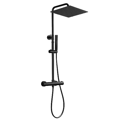 JOHO Colonne de Douche Noir avec 38 ° C Mitigeur Thermostatique Colonne Douche Mural Réglable Douchette Salle de Bain Colonne Douche Inox Ensemble Douche Baignoire Pommeau Douche 30x30.