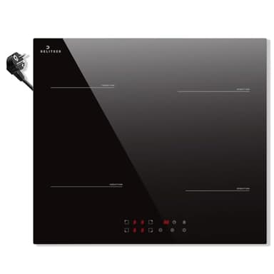 DELITEER Plaque à Induction 4 Feux avec Prise, Table de Cuisson à Induction, 16A-Fiche, 3500W, 59CM Encastrable Plaque induction électrique, Contrôle Tactile, Verrouillage de Sécurité, 220v, 50Hz