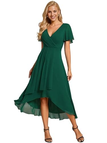 Ever-Pretty Robe D'Invité Jupe Trapèze Col en V Manches Volantées Robe Femme Chic Et Elegant Belle Robe Soirée Vert Foncé 42