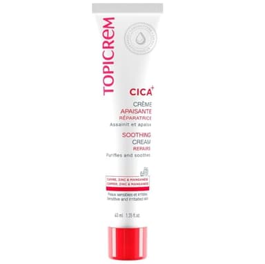 Topicrem - CICA+, Crème Apaisante au Zinc et à l’Acide Hyaluronique - Apaise les Irritations Cutanées - Soin pour Peau Sensible, Bébé, Enfant, Adulte - Fondante, sans Parfum - Tube 40 ml