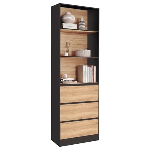 IDMarket - Etagère bibliothèque Carla 3 Niveaux 3 tiroirs Noir et Effet Bois H.190 cm