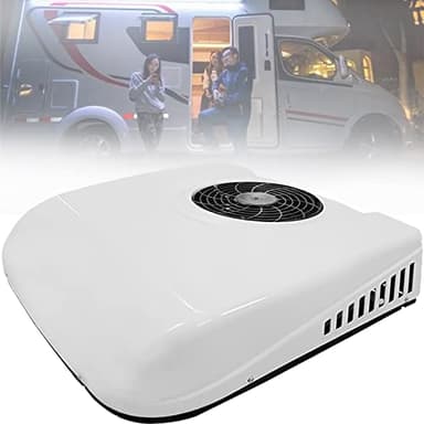 12V/24V DC RV Climatiseur 2 en 1 RV Climatiseur de Toit,Climatiseur de Stationnement électrique Camping-car Système de Climatisation pour Voiture RV Camion Camper Pe,White-12V