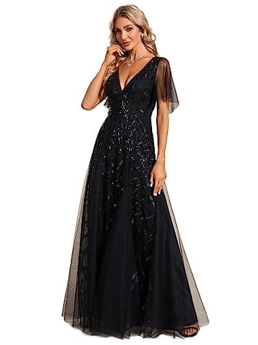Ever-Pretty Robes d’Invités de Mariée Longues Col V Paillettes de Feuilles Manches Courtes Noir 48