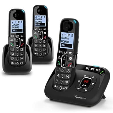 Amplicomms BigTel 1583 Trio, téléphone DECT sans Fil à Grosses Touches, répondeur, Trois combinés, Audio-Boost, sonneries puissantes, Compatible avec Les Aides auditives