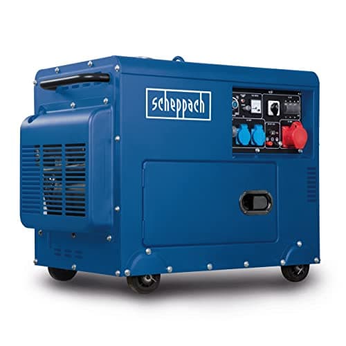 Scheppach Générateur électrique diesel SG5200D avec démarrage électrique | 7,7 CV | 5000 W | 2 x 230 V, 1 x prise 400 V | Réservoir 16 L | Système AVR | Avec dispositif de conduite