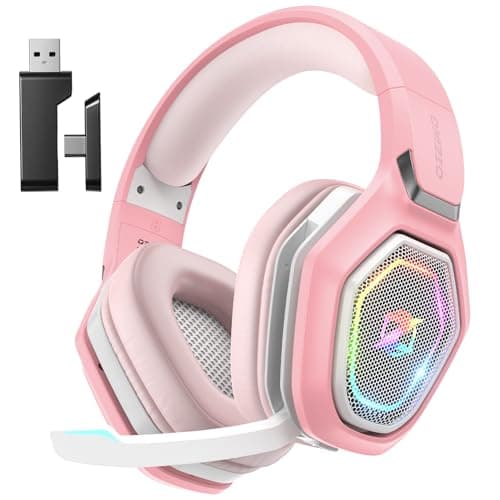 Ozeino Casque Gaming sans Fil pour PC Ps5 Ps4, 2.4GHz Audio sans Perte, USB & Type-C Casque de Jeu Ultra Stable avec Batterie 40 Heures pour Switch Laptop Mobile Mac(Rose)