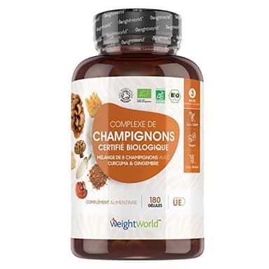 Complexe Bio 8 Champignons - 180 Gélules (3 Mois) Vegan - Reishi , Cordyceps , Chaga , Shiitake , Lions Mane, Maitake , Huître Coprin, Curcuma & Gingembre - Certifié AB