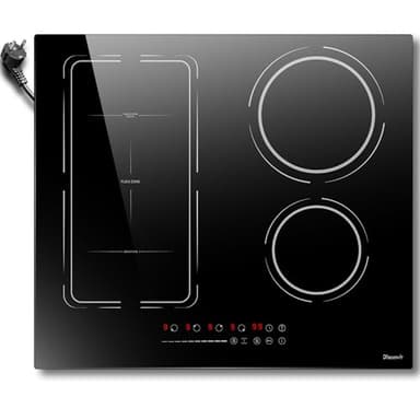 Plaque à Induction 4 Feux Encastrable avec Prise, Plaque de Cuisson Electrique Fiche 60 cm 3500W, Plaque Electrique 9 Niveaux, Fonction Boost et Isolation, Minuterie, Serrures Pour Enfants
