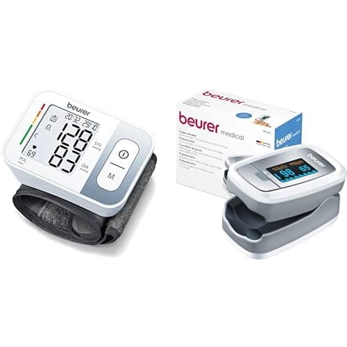Beurer BC 28 Tensiomètre à Poignet & PO 30 - Oxymètre de pouls digital pour la mesure de la saturation en oxygène dans le sang et le pouls, 61 x 36 x 32 mm, 57 gr, blanc et argent