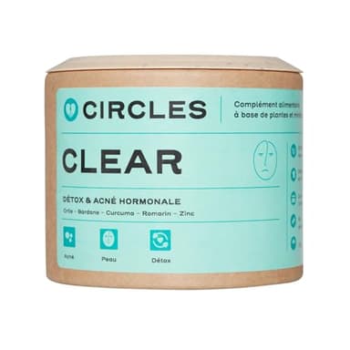 Circles CLEAR - Cure détox pour la peau et l'organisme - Complément alimentaire à base de plantes et minéraux en cas d'acné hormonale chez l'adulte - Végan - Bardane, Ortie, Zinc, Romarin - 60 Gélules