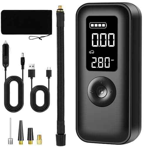 JOFLVA Sans Fil Electrique Pompe A Velo, Mini Compresseur à Air, Gonfleur Pneu Voiture, Gonfleur Portatif, 150PSI (10.3BAR), Pompe Electrique ArrêT Automatique, 4 Buses Individuelles, Sac De Rangement