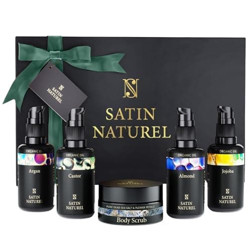 Coffret Cadeau Femme - Huile Argan + Ricin + Amande + Huile de Jojoba + Gommage Corps - Idee cadeau Femme - Coffret Beauté 5x30ml - Boite Cadeau - Satin Naturel