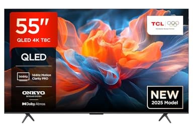 TCL 55T8C 55" QLED 4K HDR Ultra HD TV, Smart TV Powered by Google TV (Dolby Vision & Atmos, 144Hz Motion Clarity Pro, FreeSync, Onkyo 2.1 Sound, Voice Control)