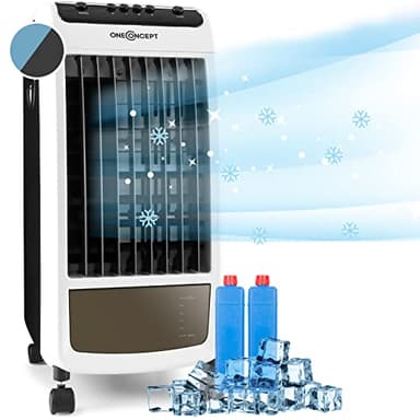 oneConcept Climatiseur Mobile 3 en 1, Portable avec Humidificateur, Ventilateur, Sans Évacuation, 2 Pack Glacons, 4 Roulettes, 3 Modes, 70W, Puissant Débit d'Air 400m³/h
