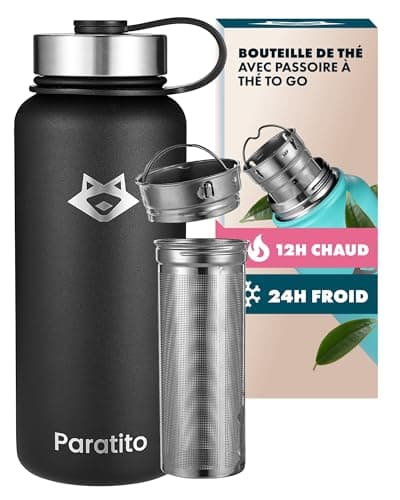 Paratito® Thermos Thé et Café Isotherme avec Infuseur à Thé et Fruits – Gourde Infuseur Thé 1L en Acier Inoxydable – Bouteille Thermos pour Bureau, Yoga, Voyage – Théière avec Infuseur