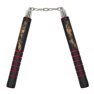 Playwell Nunchucku - Caoutchouc mousse pour enfants et adultes - Nunchucks noirs de luxe avec poignée rouge - 30,5 cm