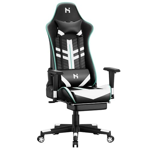 HLFURNIEU Chaise Gaming Ergonomique, Fauteuil Gamer avec Repose-Pied Télescopique, Chaise Gamer avec Hauteur Réglable, Appui-tête et Support Lombaire, Noir et Blanc