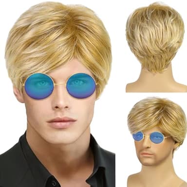 TSHAOUN Courte Perruque pour Homme, Postiche Naturelle Moelleuse, Blonde Couche Vague Perruques pour Hommes avec Frange Disco Perruque Punk Rock Halloween Cosplay Costume de Fête Quotidien (Blond)