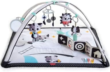 Tiny Love Black & White Tapis d'éveil, Tapis de Jeu Musical Bébé 2-en-1, 0 Mois+, Tapis de Jeu Bébé, 18 Activités, Jouet Musical Interactif, Livre très Contrasté, Arches Réglables, Histoires Magiques