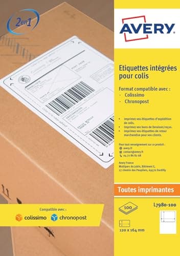 AVERY - Boite de 100 étiquettes intégrées autocollantes Stick'Ngo, compatibles Colissimo. Format 113 x 164mm. Impression laser, jet d'encre