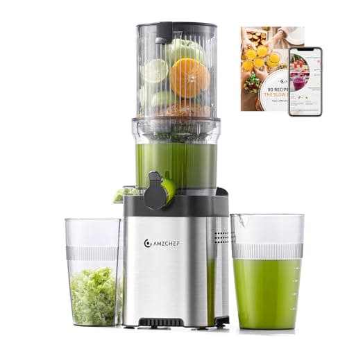 AMZCHEF 113MM Machine a Jus de Fruit Extracteur Entiers - Jus de Fruits et Légumes à Mastication Lente Slow Juicer - Sans Préparation Extracteur de Jus Vertical - Argent