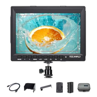 FEELWORLD FW759 Moniteur Caméra Écran Tactile 7 Pouces HD IPS Moniteur de Champ de caméra avec Batterie et Capot Pare-Soleil 4K HDMI Entrée Sortie Moniteur de Terrain 1080P