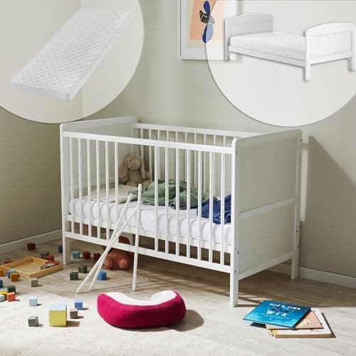 Lit bébé évolutif avec matelas, lit d'appoint, 60 x 120 cm, protection anti-chute, lit complet, réglable en hauteur et barreaux amovibles, en bois, blanc