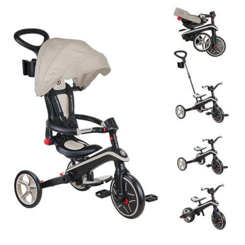 Globber - Tricycle Explorer 4 en 1 - Tricycle Pliable et évolutif en draisienne pour Les Tout-Petits de 10 Mois à 5 Ans - Taupe
