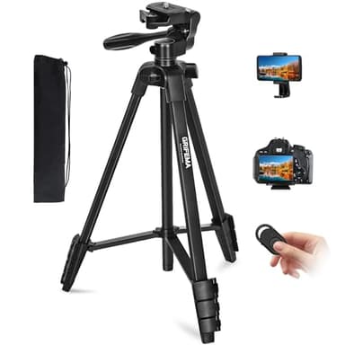 GRIFEMA Trepied Smartphone Pied Appareil Photo Pliable, 55”/140cm Alluminio Trepied Telephone avec Télécommande bluetooth et Support de fixation, Compatible avec iPhone/Android/Appareil Photo, GB1001