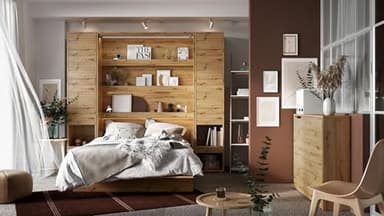 Kamazza Lit escamotable 160x200 chêne avec 2 armoires et 2 Tables de Chevet Ouverture pneumatique - Smart