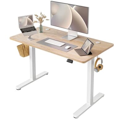 FEZIBO Bureau électrique réglable en Hauteur - 100 x 60 cm - Bureau Debout réglable avec Commande à mémoire de Forme - Planche Chêne Blanc