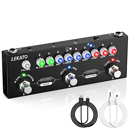 LEKATO Pédale de Guitare Multi-Effets pour Guitare Bass Electrique avec Chargement Infrarouge, Modification, Enregistrement PC/Téléphone, Accordeur, Sortie Casque 3,5 mm, 8H Temps de Travail