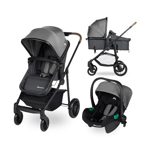 Bebeconfort Haze Trio, Poussette 3 en 1, 0-4 ans, 22 kg max, assise 2-en-1, poussette réversible et légère, siège auto bébé i-Size, pliage compact, panier spacieux, Tinted Stone