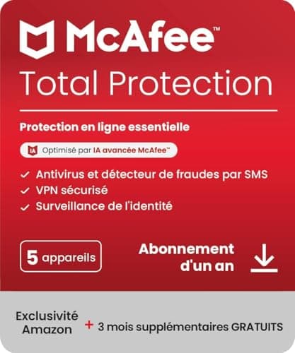 McAfee Total Protection 5 appareils 2025 | 15 mois |VPN sécurisé, logiciel de sécurité avec antivirus, gestionnaire de mots de passe et surveillance de l'identité | Téléchargement