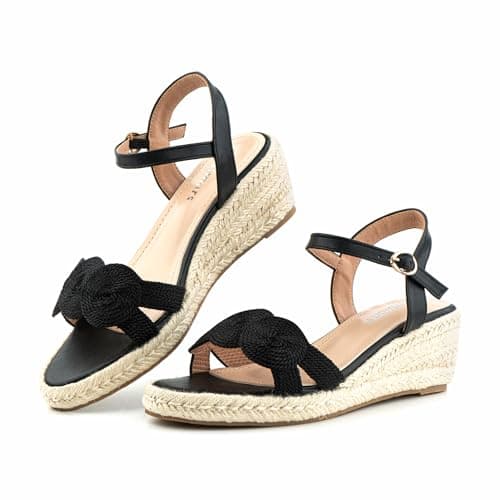 Hitmars Sandales Compensées Femme Été Espadrille Plateforme Talon Bout Confortable Chic Espadrilles Boucle de Cheville NN1 Noir 43 EU