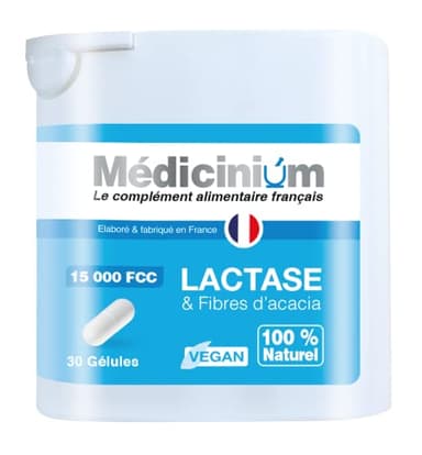 LACTASE & fibres d'acacia jusqu'à 60000 FCC par jour, digestion du lactose, nomade, végan, fabriqué en France par Médicinium, 30 gélules de 15000 FCC, à partir de 3 ans