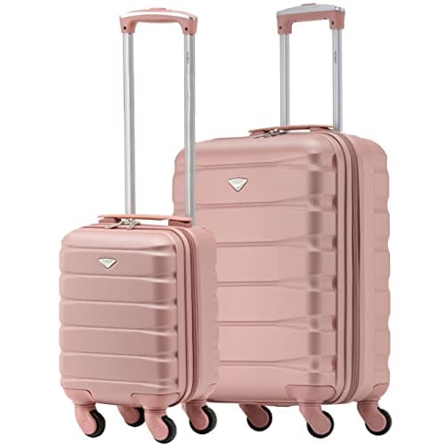 Flight Knight Ensemble De 2 Valises Rigides Legeres en ABS 4 Roues 45x36x20 cm + 56x45x25 EasyJet Taille Max pour Le Dessus Et Dessous du Siege Etui Rigide Bagages Aaain Leger, Rose Or